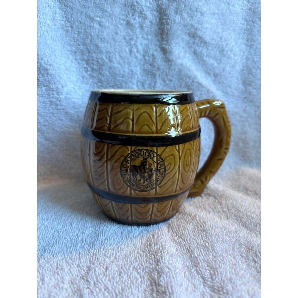 *VINTAGE* OLD KENTUCKY MALT CERAMIC BARREL MUG, Hand Painted, Brown Wood Grain